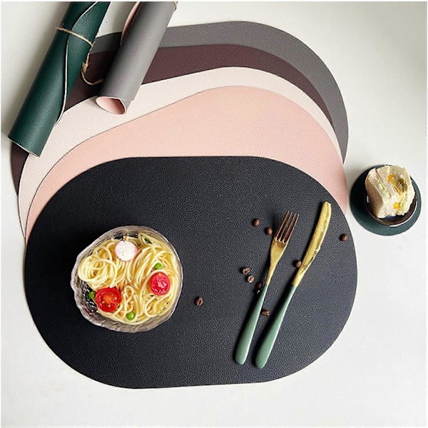Sæt med 4 ovale dækkeservietter - Syntetisk læder - Skridsikker og vandtæt - Med coasters - Til hjemmet, køkkenet, restauranten - Grøn/beige