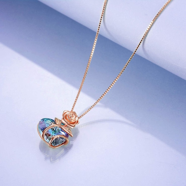 Hjerteformet rose-kjede og krystall, bursdagsrose-smykke blue