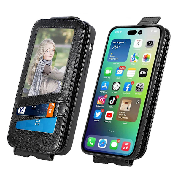 Læder telefoncover med lynlås, pung og vertikalt flip til iPhone 14 Pro Max