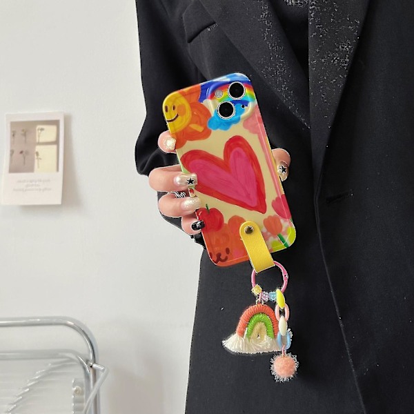 För iPhone 14 Graffiti Hjärta Mönster Mobilskal Regnbåge Hängande Dekor TPU-skydd
