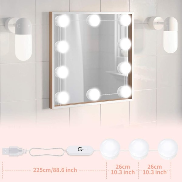 LED Spejlslys Hollywood Stil Spejl Makeup Lys 10 Dæmpbar