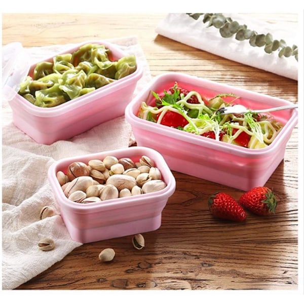 3-pack Silikon Lunchbox Bärbar Vikbar (Rosa)