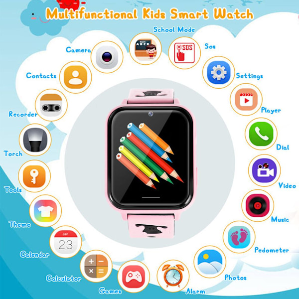 Smartwatch til børn med musikafspiller, skridttæller (Pink)