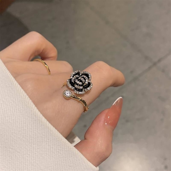 Ringe Sort Kamelia Ring Til Kvinder Justerbare Ringe