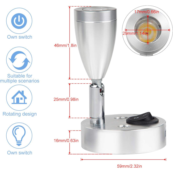 2 LED-læselamper med spotlight 3W 12V med switch
