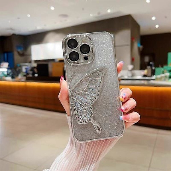 Skal för Kvinnor/Flickor, Gradient Glitter Fjäril Kvicksand Plätering Transparenta Mobilskal för iPhone Kompatibla med iPhone 15 Pro Max, Silver