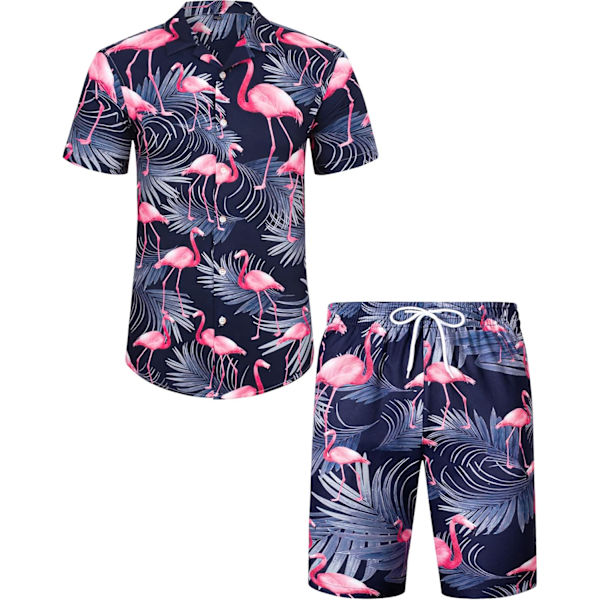 Miesten Havaiji-paita ja shortsit -setti, normaali istuvuus, lyhythihainen, rento, hauska Flamingo-rantapaita-setti M