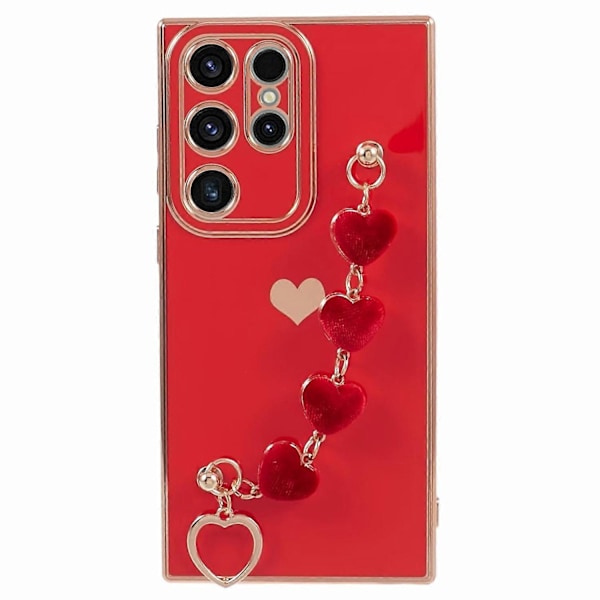 TPU-etui med elektroplettering til Samsung Galaxy S23 Ultra med plys hjerteformet rem