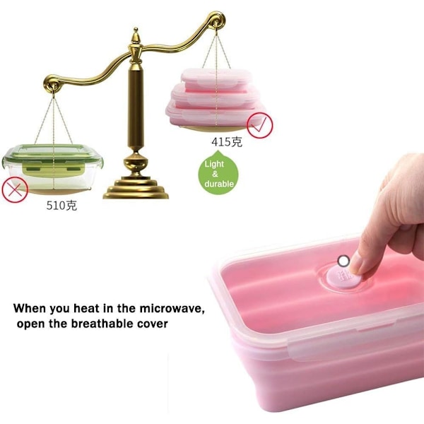 3-pack Silikon Lunchbox Bärbar Vikbar (Rosa)