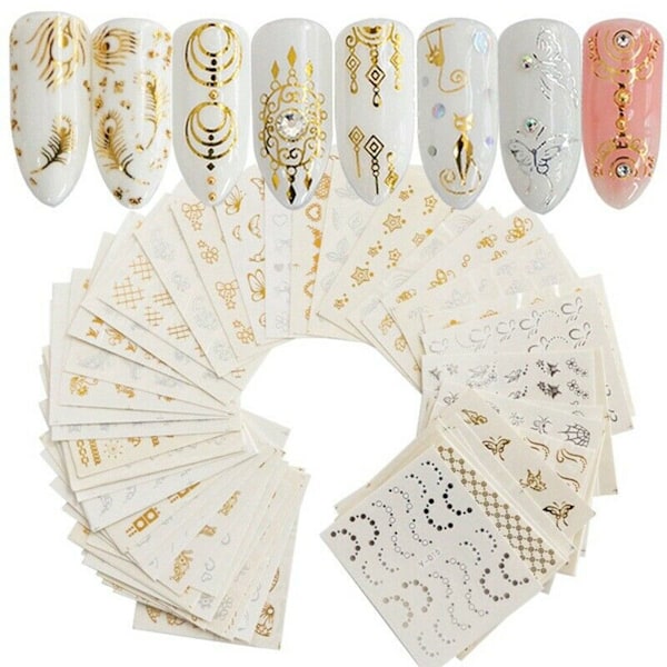 Nagelklistermärken Blomma Tatuering Nagelkonst Design Guld Silver 200PCS