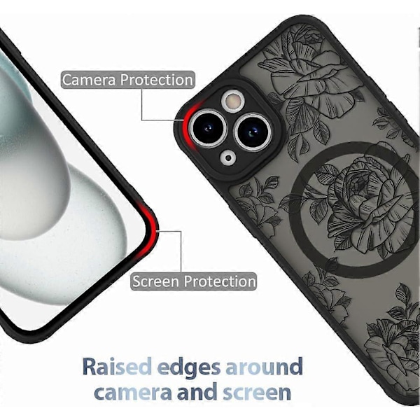 Etui til iPhone 15 [Kompatibel med MagSafe] Sort Blomst Blomstermønster Design Etui til Kvinder Piger Blød TPU Kofanger Hård PC Bagside Anti-Fald Stødsikker