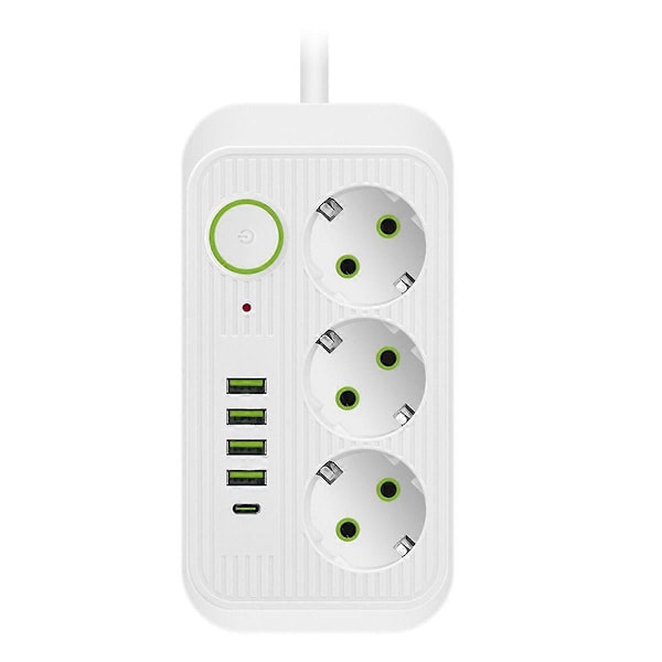 Vit 2M EU-kontakt Multistandard Uttagsförlängningssladd Grenuttag med USB Type-C Snabbladdning