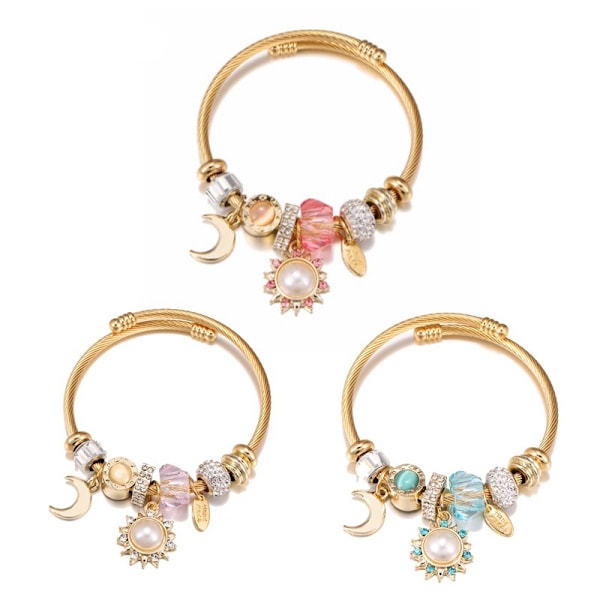 Gyllen Skinnende Solsikke Måne Anheng KC Åpent Gull Armbånd pink