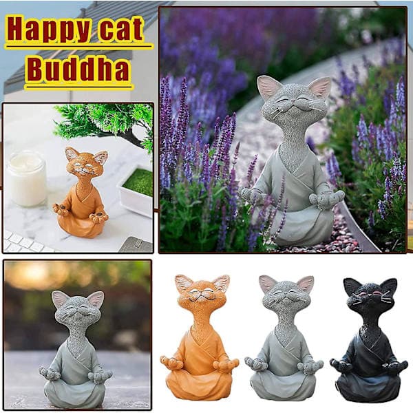 Grå Zen Katt Statyett - Meditation Yoga Katt, Avslappnad Pose Heminredning