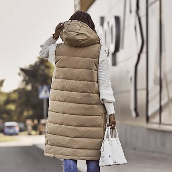 Vadderad ärmlös västjacka för dam med huva, beige