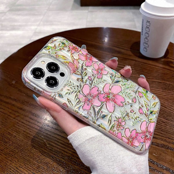 För iPhone 15 Pro Mobilskal TPU+PC Skyddande Skal Glitterpulver Röd Blommönsterdesign