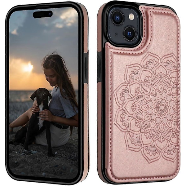 iPhone 15 Etui med Kortholder, Blomst Magnetisk Bagside Flip Etui til iPhone 15 Wallet Etui til Kvinder