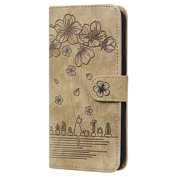 För iPhone 12 mini Tecknad Sakura Katt Präglat Läderfodral