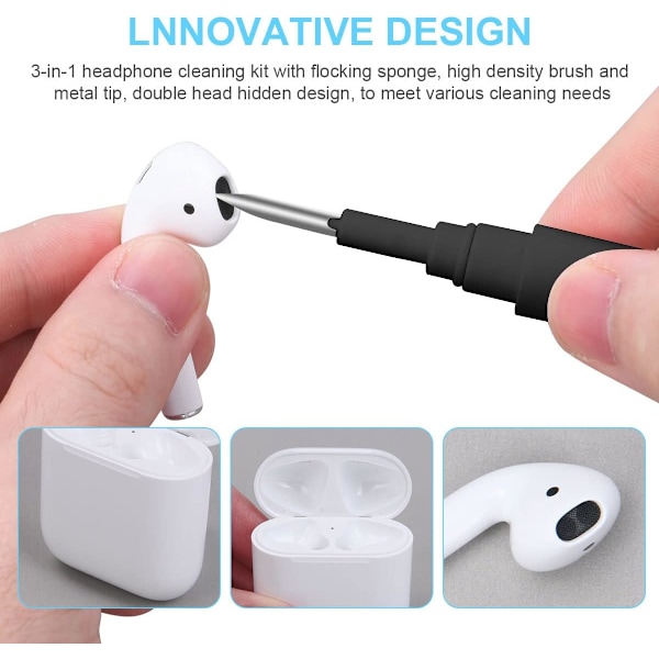AirPod Rensesæt, 3 i 1 Airpod Rensepen med Svamp, Trådløse Ørepropper Rensepen, Multifunktionelt Øretelefon Rensesæt - Sort