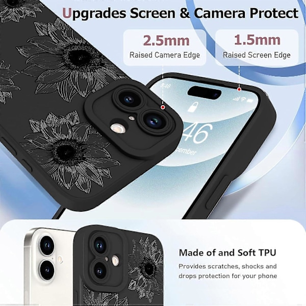 Blommigt Skal för iPhone 16, Sött Solros Blommigt Mönster Mjuk TPU Stötsäker Skyddande för Kvinnor Flickor Telefonskal - Svart Blomma