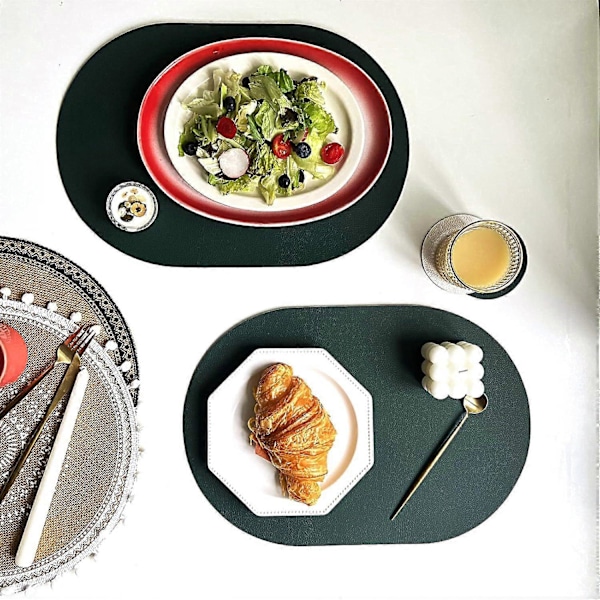 Sæt med 4 ovale dækkeservietter - Syntetisk læder - Skridsikker og vandtæt - Med coasters - Til hjemmet, køkkenet, restauranten - Grøn/beige