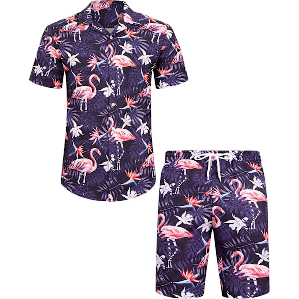 Miesten Havaiji-paita ja shortsit -setti, normaali istuvuus, lyhythihainen, rento, hauska Flamingo-rantapaita-setti M
