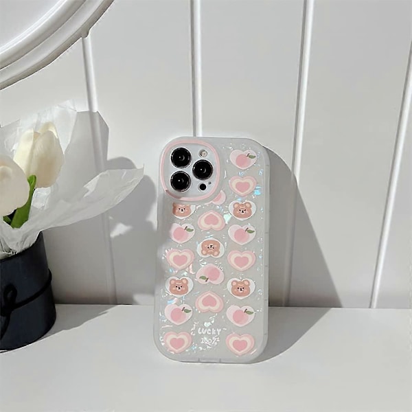 Sött Estetiskt Fodral med Kärlekshjärta och Björnmönster med Pärlberlock för iPhone 15 Kvinnor Flickor Design