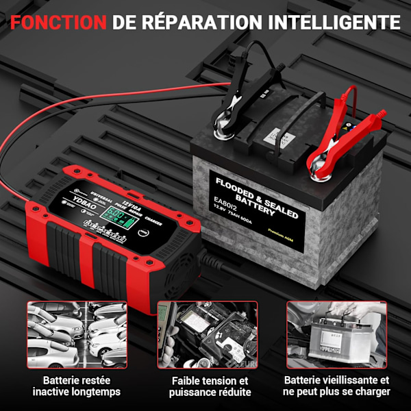 12V 10A LiFePO4 Billaddare Intelligent Automatisk Motorcykelladdare med LCD-Display 6 Lägen Reparation för AGM Gel SLA Våt
