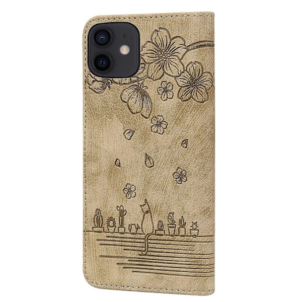 För iPhone 12 mini Tecknad Sakura Katt Präglat Läderfodral