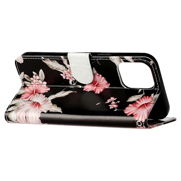 PU-læder telefoncover med mønsterprint, stativ og pung til iPhone 15 Pro Max