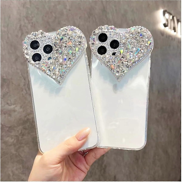 Kompatibelt med iPhone 15 Pro Max skal för Kvinnor Flickor Lyx Bling Strass 3D Diamant Kärlek Skal Sött Rosa Glitter Glittrigt Skyddande Skal