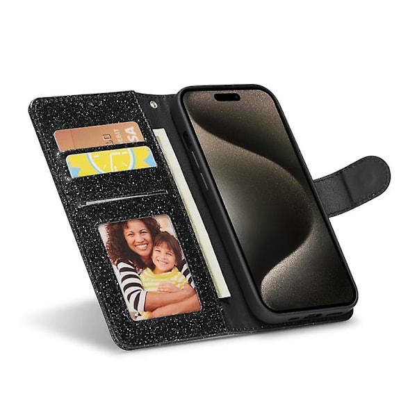 Glitterpulver Love Læder Telefoncover til iPhone 15 Pro Max