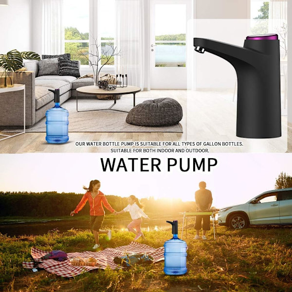 Elektrisk vattenpumpsdispenser, USB-laddning vattenpumpsdispenser för flaska, för universalflaska, portabel vattenpumpsdispenser för inomhus och utomhusbruk (Svart)