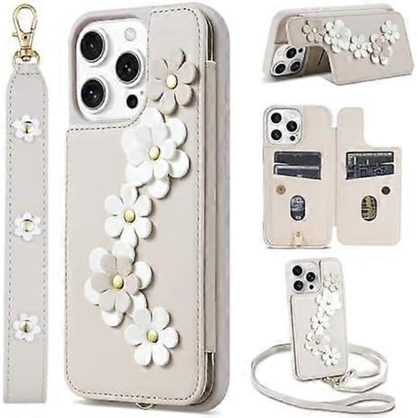 til iPhone 16 Pro Max Cover, Wallet med Kortholder, Sødt Blomsterdesign Crossbody Telefonpung til Kvinder, PU Læder Magnetisk Støtteben Stødsikkert Cover