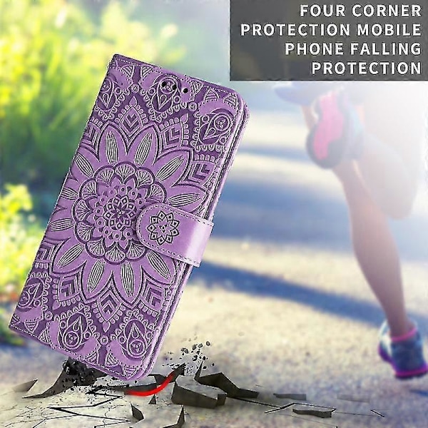 Til Iphone 13 Pro Præget Solsikke Læder Telefon Cover (lilla)