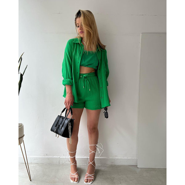 Dam Crinkle Krage Långärmad Skjorta Hög Midja Dragsko Shorts Mode Casual Tvådelat Set Grön S