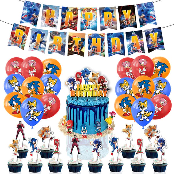 Sonic Bursdagskake Innstikkskort Ballongdekorasjon
