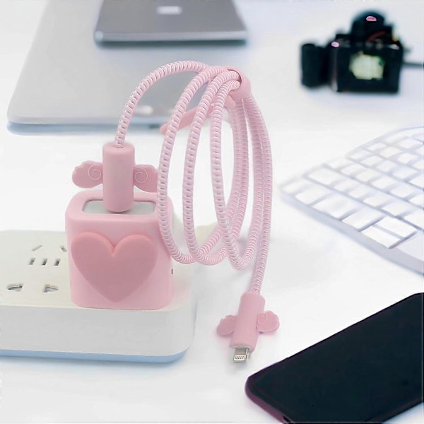 Kabelbeskytter for iPhone-lader, silikon laderbeskyttelsessett - Søtt kabeldeksel silikon ladeetui for 18W/20W iPhone-lader, rosa hjerte Bla