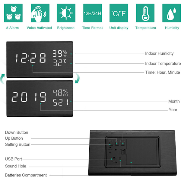 Digital väckarklocka med LED-display och träsiffror