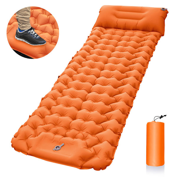 Camping liggeunderlag med fodpumpe og automatisk oppustning orange