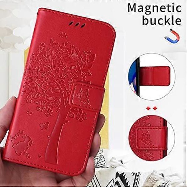 iPhone 16 Pro Max med korthållare, PU-läder Ställ Kvinnor Män Präglat Träd Katt Fodral, Handledsrem Flip Folio Flera Fack Skydda Telefonfodral för