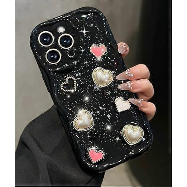 Etui til Piger Kvinder - Sødt Pigeagtigt Kærlighedshjerte Telefoncover til iPhone 14Pro Max Sort Glitrende Skinnende Bølge Smukt Unikt Design Funda til iPhone 14 Pro Max