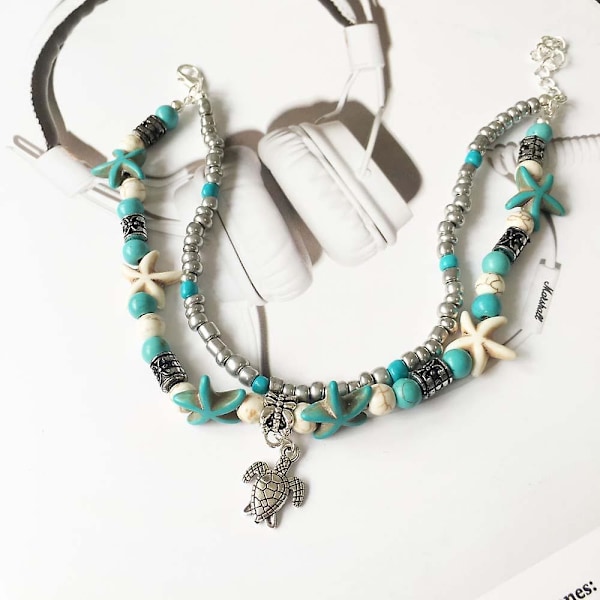 2 stk Boho Skjell/Sjøstjerne/Sjøskilpadde/Flette Ankelkjeder Armbånd