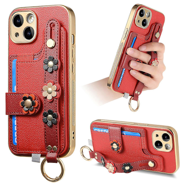 För iPhone 15 Skal Läder + TPU 3D Blomma Estetiskt Telefonskydd Kortfack