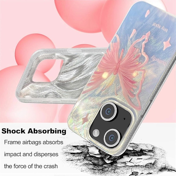 1 stk. Kompakt etui til iPhone 15, sart lyserød sommerfugl design, sødt trendy blødt slankt stødsikkert beskyttende telefoncover til kvinder piger æstetisk