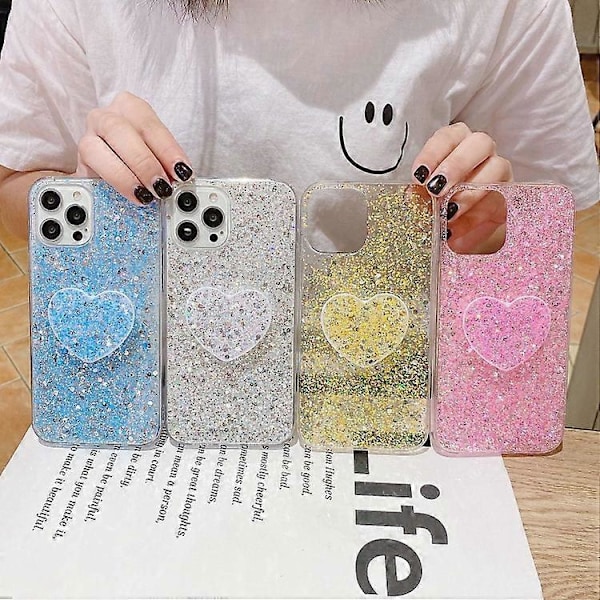Stjerneglimtende paillet hjerte stand epoxy TPU mobiltelefon cover til iPhone 15
