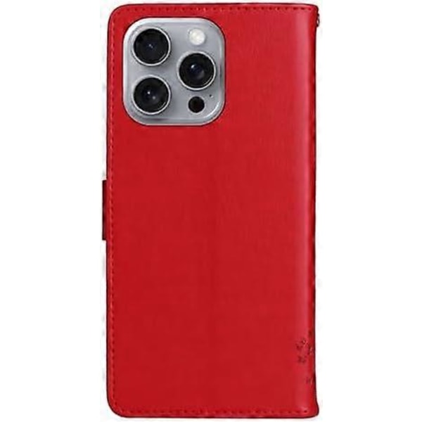iPhone 16 Pro Max med korthållare, PU-läder Ställ Kvinnor Män Präglat Träd Katt Fodral, Handledsrem Flip Folio Flera Fack Skydda Telefonfodral för