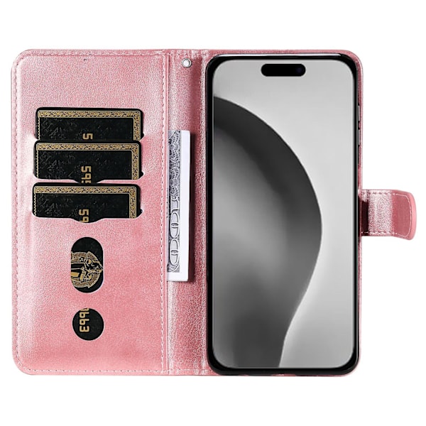 Fodral för iPhone 16 Pro Max med dragkedjeficka, flip, stöttåligt läderfodral - Rosa