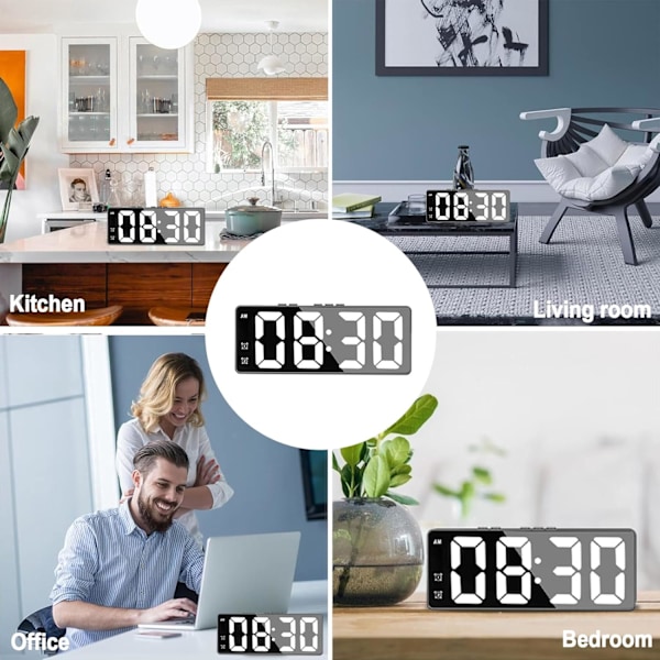 Digital väckarklocka för sängen, stor LED-spegel elektronisk klocka med temperatur, datum, justerbar ljusstyrka, röststyrning
