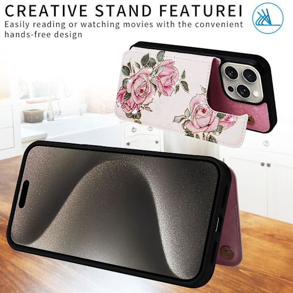 Stødsikkert etui til iPhone 15 Pro Max, faldsikkert telefoncover med støttefod - Rose Flower